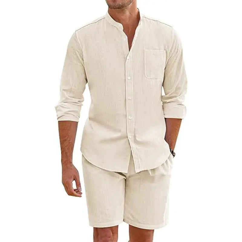 Daily Casual Breathable Cotton Linen Outfits Mens Vintage Stand Collar Button-up Shirts And Shorts Sets For Men Clothing Summer by All Mart Bristol Ltd