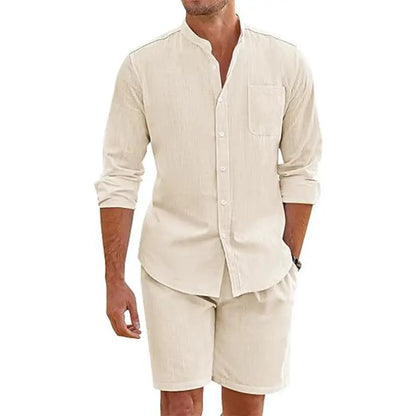 Daily Casual Breathable Cotton Linen Outfits Mens Vintage Stand Collar Button-up Shirts And Shorts Sets For Men Clothing Summer by All Mart Bristol Ltd