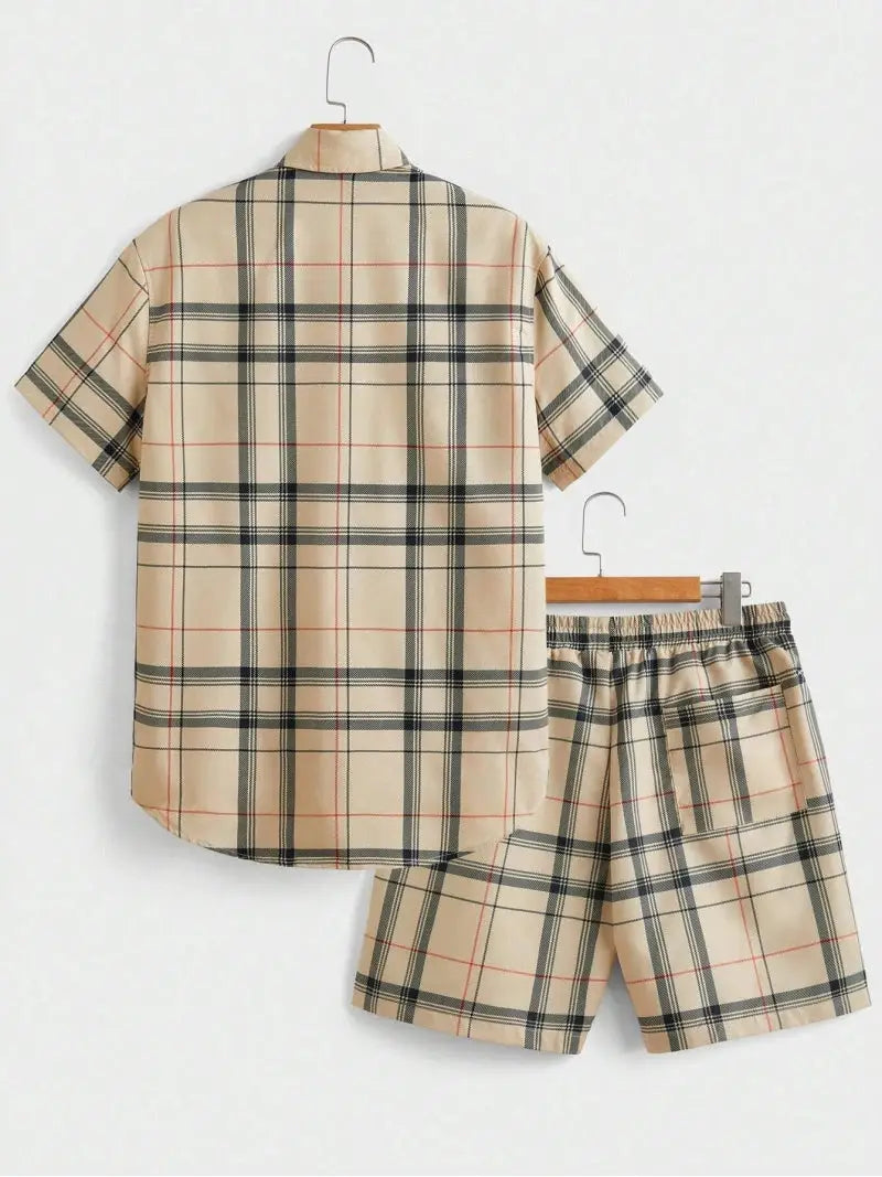 Street Casual Men's Suit Personalized Fashion Plaid Printed Pattern Short Sleeve Lapel Shirt and Shorts Men's Two Piece Set by All Mart Bristol Ltd