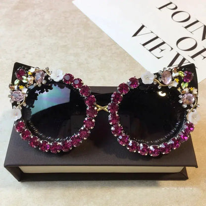 Brand Design Handmade Rhinestone Cat Eye Sunglasses Fashion Glasses Women Flower with Pearl Round Vintage Sunglasses Beach Party by All Mart Bristol Ltd