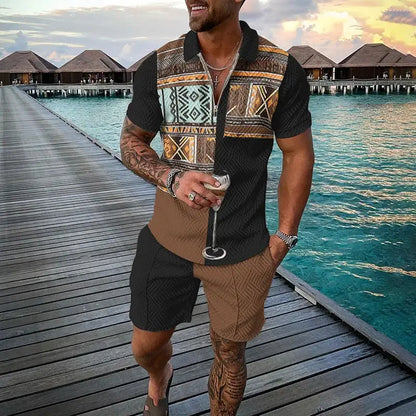 Vintage Men's Suit Zipper Polo Shirt Shorts Pants 2 Piece Set Coconut Tree Animal 3D Print Casual Men Tracksuit Ropa Barata by All Mart Bristol Ltd