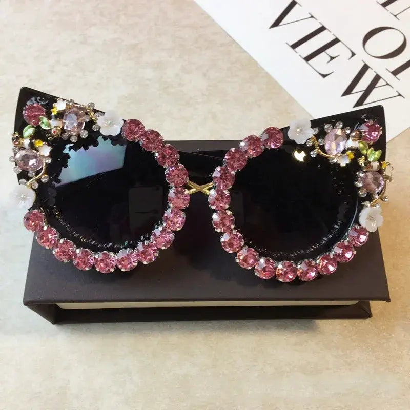 Brand Design Handmade Rhinestone Cat Eye Sunglasses Fashion Glasses Women Flower with Pearl Round Vintage Sunglasses Beach Party by All Mart Bristol Ltd