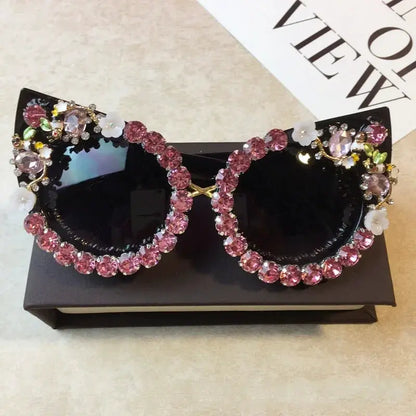 Brand Design Handmade Rhinestone Cat Eye Sunglasses Fashion Glasses Women Flower with Pearl Round Vintage Sunglasses Beach Party by All Mart Bristol Ltd
