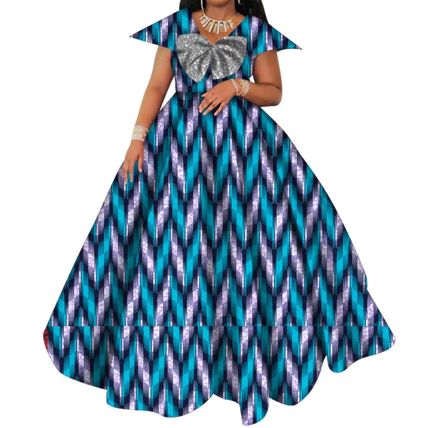 Bazin Riche African Print Dresses for Women Short Sleeve Long Wedding Dress Party Vestido Cotton Women African Clothing WY6098 by All Mart Bristol Ltd