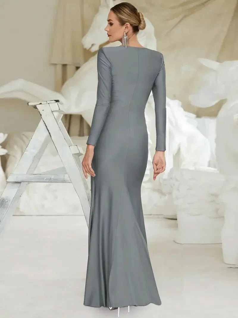 Luxury Women's Formal Occasion Dress Elegant Ladies O-neck Long Sleeve Folds High Waist Bodycon Gray Dresses Evening Party Robe by All Mart Bristol Ltd
