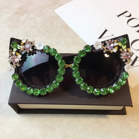 Brand Design Handmade Rhinestone Cat Eye Sunglasses Fashion Glasses Women Flower with Pearl Round Vintage Sunglasses Beach Party by All Mart Bristol Ltd