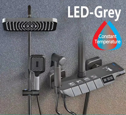 Grey Shower System Set Bathroom Digital LED Rain Showers Faucet Brass Bath Thermostat Rainfall Shower 4 Way with Bidet Taps Sets by All Mart Bristol Ltd