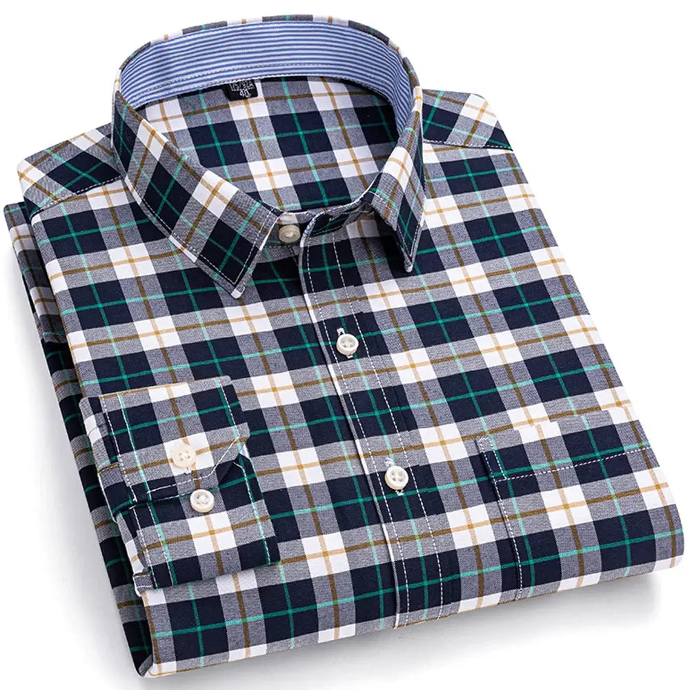 Men's Trendy Plaid Striped Lapel Collar Design Cotton Dress Shirts, Long Sleeve Casual Button Up Commuter Shirt For Spring/Fall by All Mart Bristol Ltd