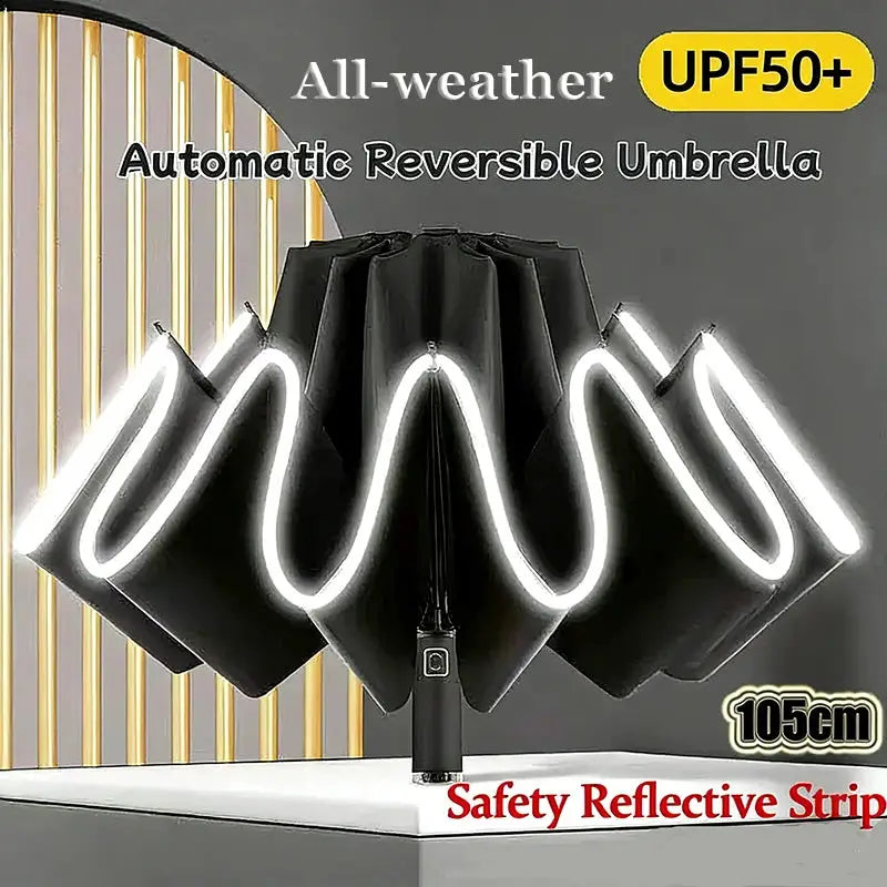Umbrella Windproof Strong With Reflective Stripe Reverse Automatic Fold Umbrella UV Umbrella Insulation Portable Parasol by All Mart Bristol Ltd