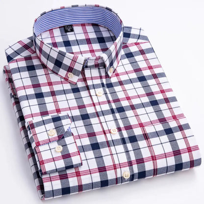 Men's Trendy Plaid Striped Lapel Collar Design Cotton Dress Shirts, Long Sleeve Casual Button Up Commuter Shirt For Spring/Fall by All Mart Bristol Ltd
