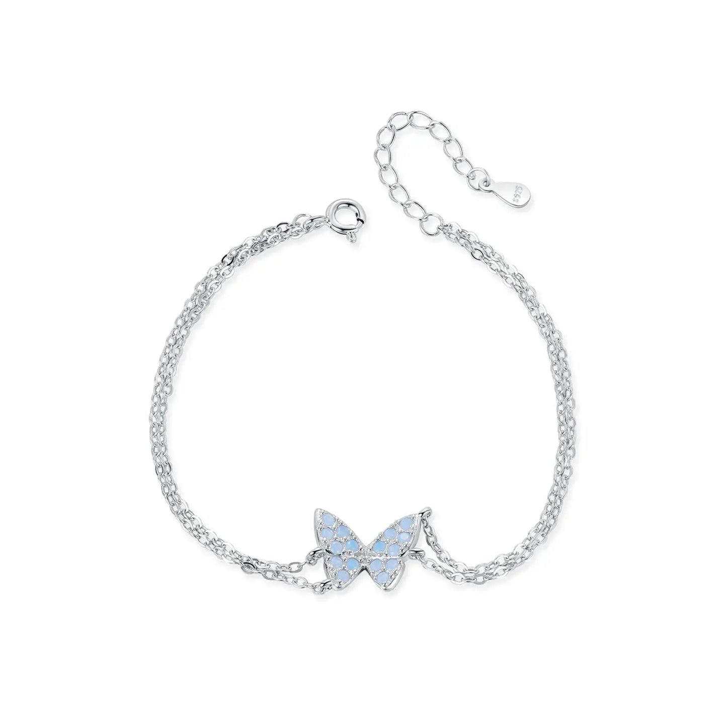 MODIAN Sweet Blue Opal Butterfly Bracelet 925 Sterling Silver Fashion Double Layer Link Chain Bracelets For Women Fine Jewelry by All Mart Bristol Ltd