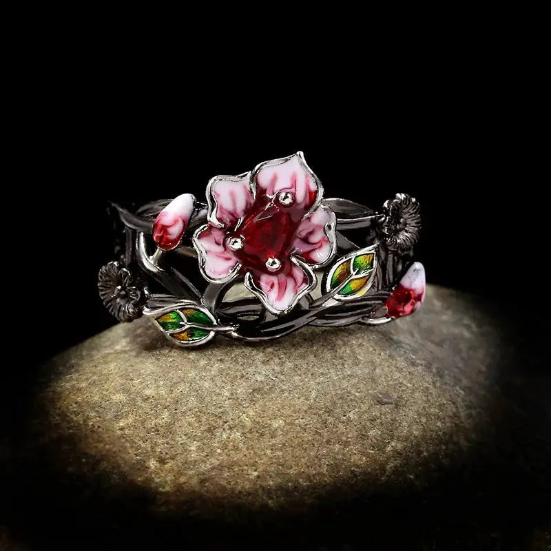 Exquisite Women's Jewelry Red Flower 925 Silver Ring Creative Elegant Women's Jewelry Attend Banquet Wedding Ring by All Mart Bristol Ltd