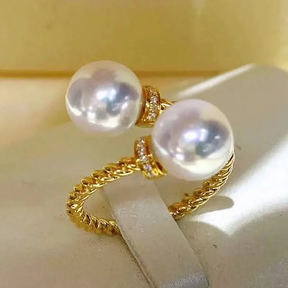 Huitan Temperament Double Imitation Pearl Open Ring Twist Gold Color Band New Fashion Women's Accessories Wedding Jewelry 2023 by All Mart Bristol Ltd
