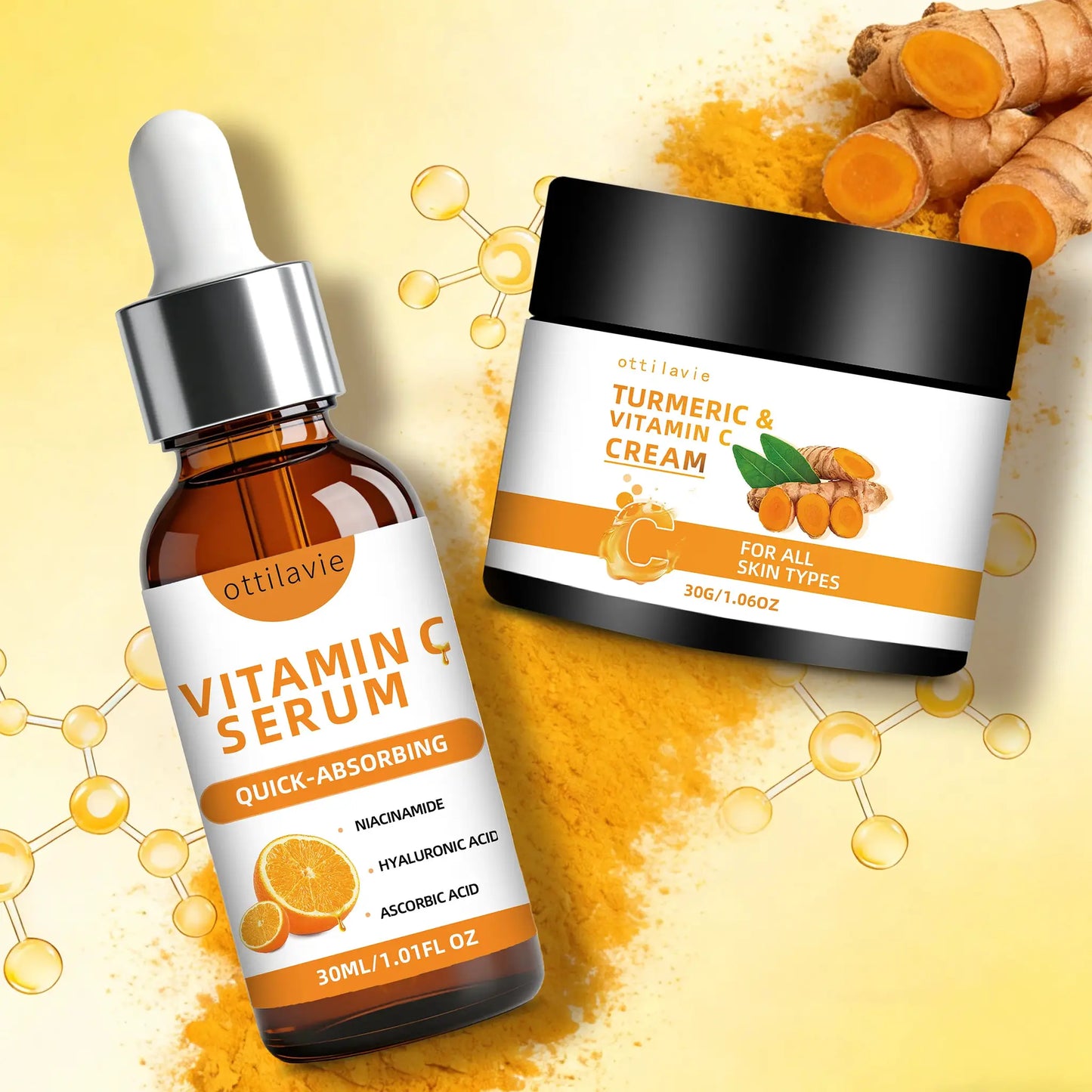 Ottilavie Turmeric & VC Cream+Serum Skincare Duo Set, ace/Neck/Body,Unisex,All Skin Types, Lightweight Daily,Non-greasy by All Mart Bristol Ltd