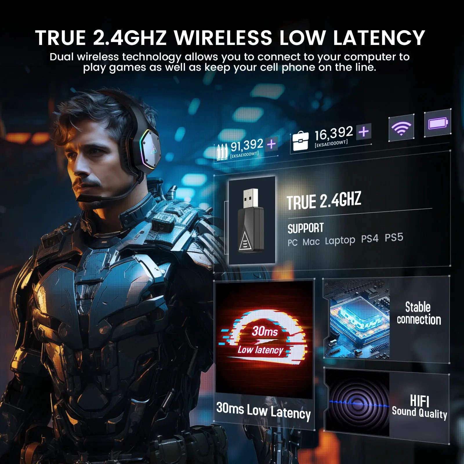 EKSA 2.4GHz Wireless Headphones E1000 WT 7.1 Surround Wired Gaming Headset Gamer with ENC Mic Low Latency for PC/PS4/PS5/Xbox by All Mart Bristol Ltd