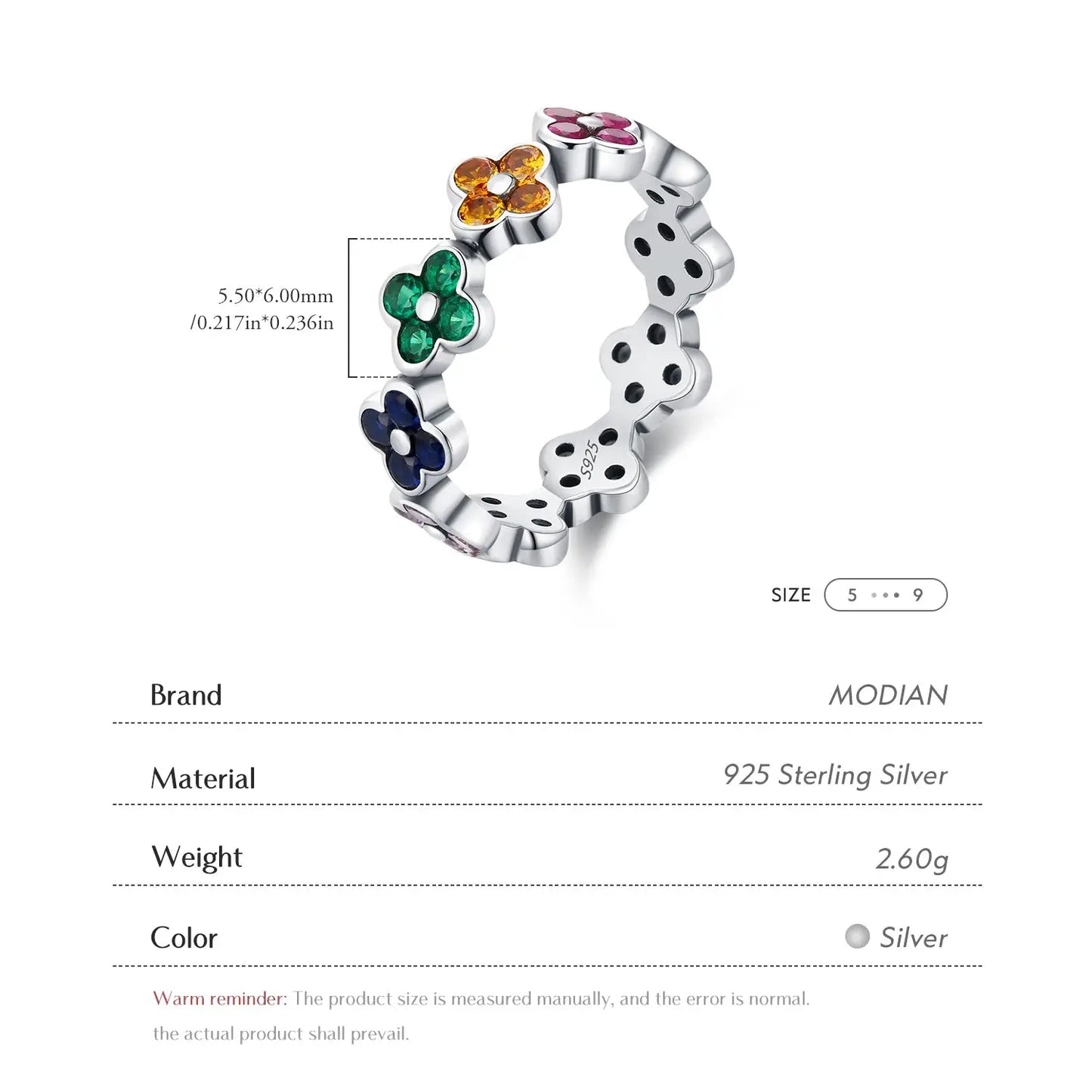 MODIAN 925 Sterling Silver Sweet Rainbow Color Zirconia Lucky Four Leaf Clover Fashion Finger Rings For Women Fine Jewelry by All Mart Bristol Ltd