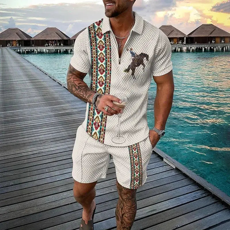 Vintage Men's Suit Zipper Polo Shirt Shorts Pants 2 Piece Set Coconut Tree Animal 3D Print Casual Men Tracksuit Ropa Barata by All Mart Bristol Ltd
