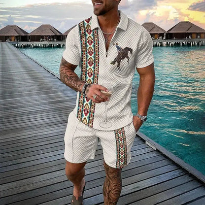 Vintage Men's Suit Zipper Polo Shirt Shorts Pants 2 Piece Set Coconut Tree Animal 3D Print Casual Men Tracksuit Ropa Barata by All Mart Bristol Ltd