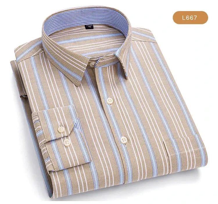 Men's Trendy Plaid Striped Lapel Collar Design Cotton Dress Shirts, Long Sleeve Casual Button Up Commuter Shirt For Spring/Fall by All Mart Bristol Ltd