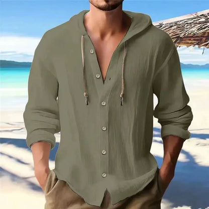 Men's Linen Shirt Solid Streetwear Long Sleeve Hoodie Cardigan Clothing For Men Button Tops Casual Loose Men Hooded Shirt by All Mart Bristol Ltd
