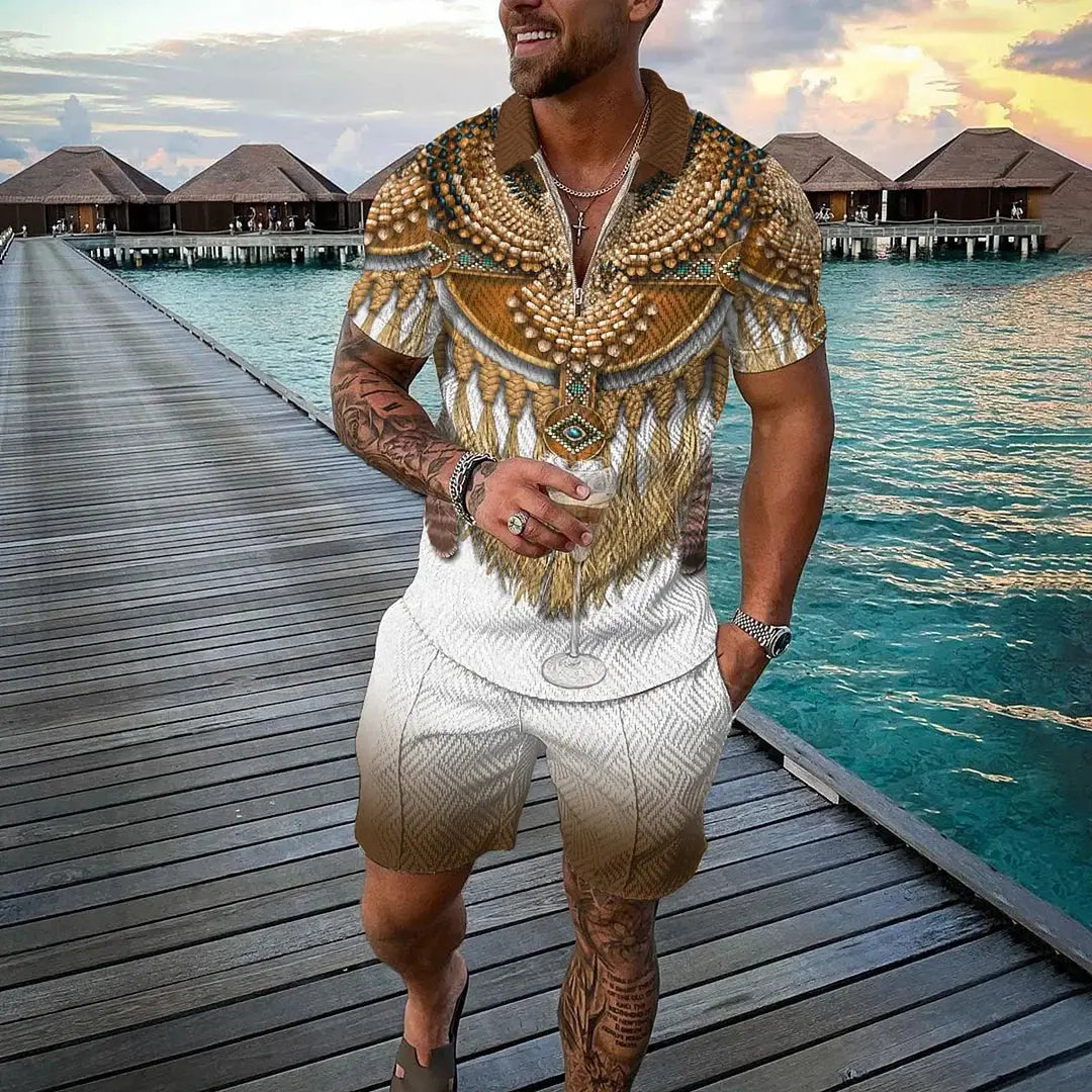 Vintage Men's Suit Zipper Polo Shirt Shorts Pants 2 Piece Set Coconut Tree Animal 3D Print Casual Men Tracksuit Ropa Barata by All Mart Bristol Ltd