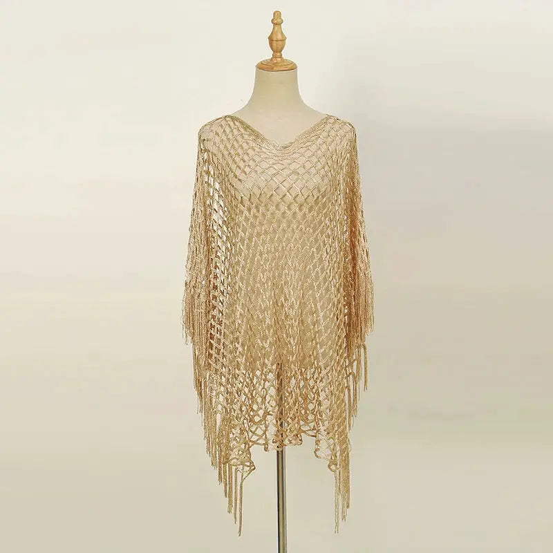 Sexy Lace Shawls for Women Solid Color Gold and Silver Wire Hollow Out Long Pareos with Tessles Muslim Female's Stole by All Mart Bristol Ltd