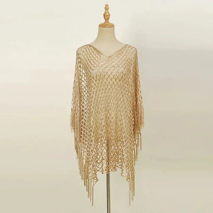 Sexy Lace Shawls for Women Solid Color Gold and Silver Wire Hollow Out Long Pareos with Tessles Muslim Female's Stole by All Mart Bristol Ltd