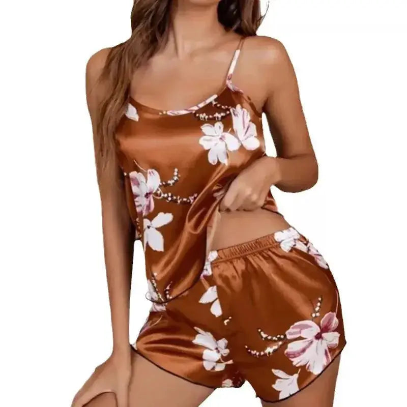 Women's Sleepwear Satin Pajama Set Summer Flower Print Pyjama Sexy Lingerie Women Sleeveless Nightwear Loungewear Home Clothing by All Mart Bristol Ltd