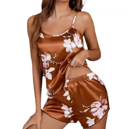 Women's Sleepwear Satin Pajama Set Summer Flower Print Pyjama Sexy Lingerie Women Sleeveless Nightwear Loungewear Home Clothing by All Mart Bristol Ltd