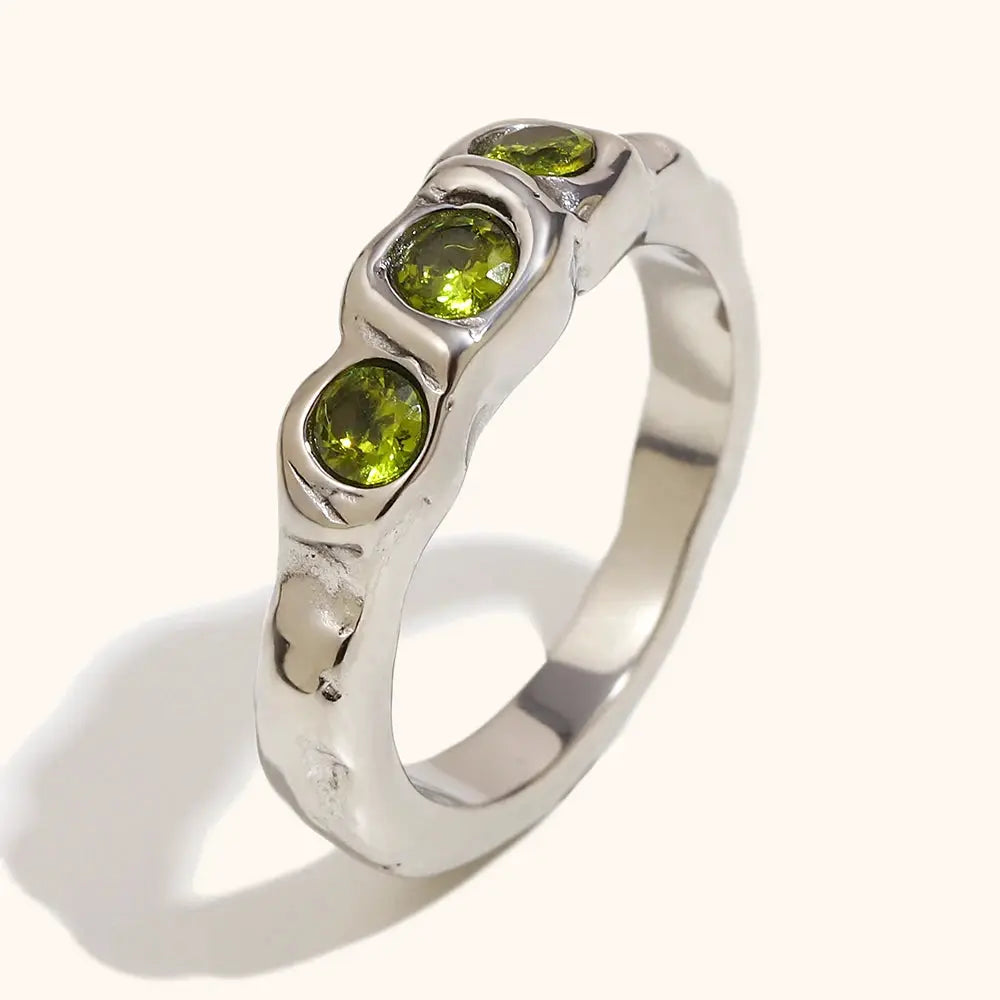La. Muses Three Green Zircon Stainless Steel Women's Ring PVD Gold Plated Trendy Daily Jewelry Accessories Gift by All Mart Bristol Ltd