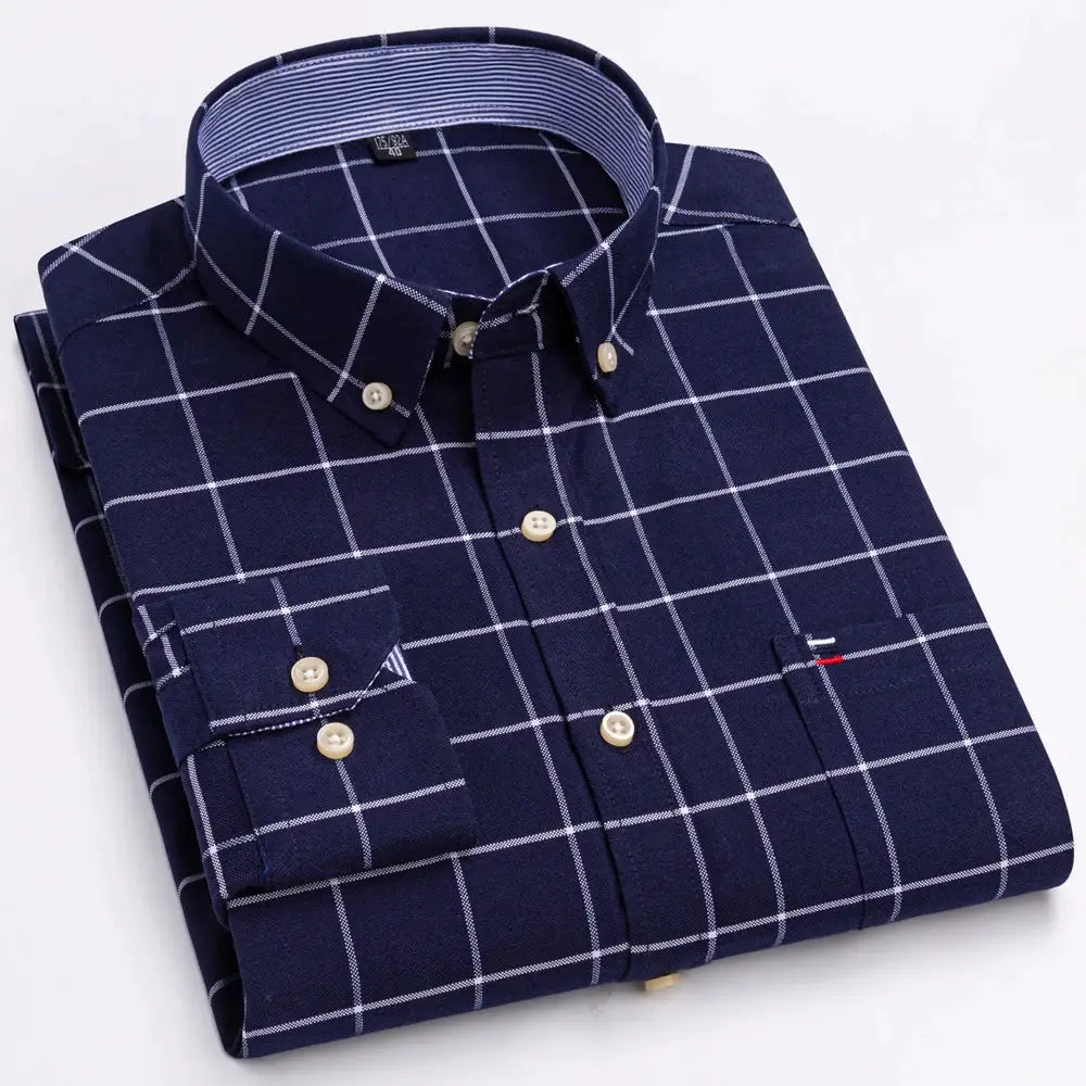 Men's Trendy Plaid Striped Lapel Collar Design Cotton Dress Shirts, Long Sleeve Casual Button Up Commuter Shirt For Spring/Fall by All Mart Bristol Ltd
