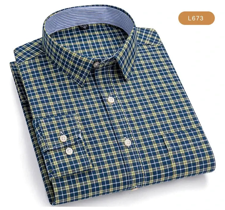 Men's Trendy Plaid Striped Lapel Collar Design Cotton Dress Shirts, Long Sleeve Casual Button Up Commuter Shirt For Spring/Fall by All Mart Bristol Ltd