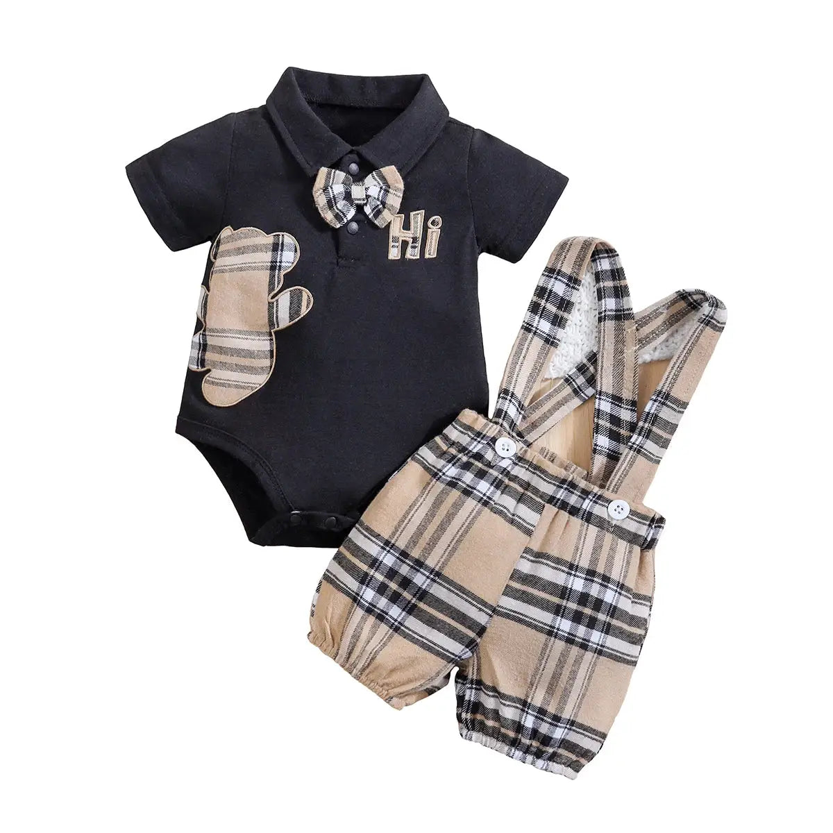 2PCS IURNXB Baby Clothes Sets Short Sleeve Boys Infant Plaid Bear Bodysuit+Suspenders Trousers Set Overall Newborn Outfits 1-18M by All Mart Bristol Ltd