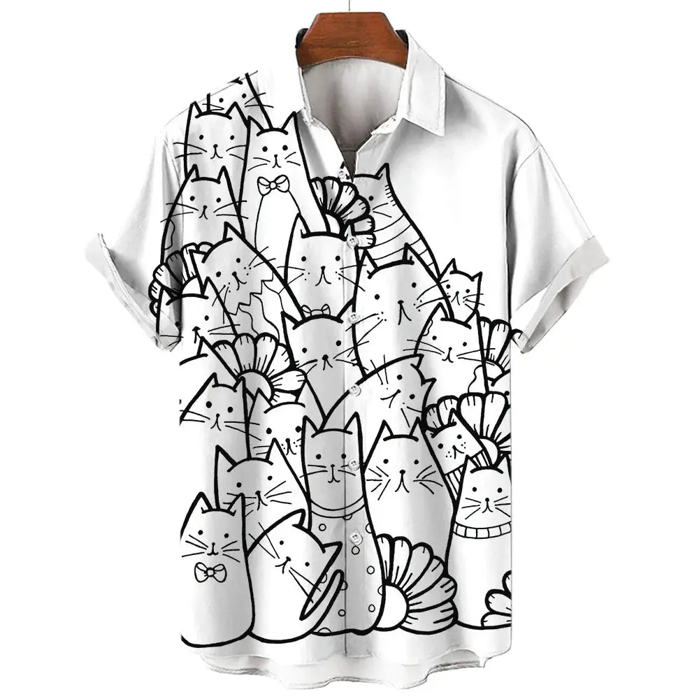 Men's Short Sleeve Shirt Fashion Cartoon Line Cat Pattern Print Top Women's Casual Button Shirt Top by All Mart Bristol Ltd