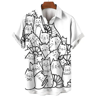 Men's Short Sleeve Shirt Fashion Cartoon Line Cat Pattern Print Top Women's Casual Button Shirt Top by All Mart Bristol Ltd