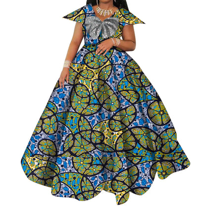 Bazin Riche African Print Dresses for Women Short Sleeve Long Wedding Dress Party Vestido Cotton Women African Clothing WY6098 by All Mart Bristol Ltd
