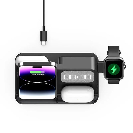 Four in one desktop clock wireless charger that can charge phones, headphones, and watches simultaneously by All Mart Bristol Ltd