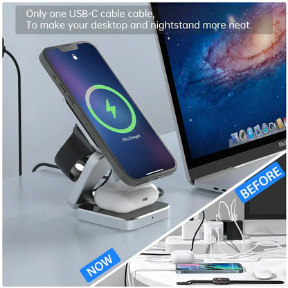 Travel 3 in 1 Magnetic Wireless Charger Foldable Stand Dock for IPhone 15, 14, AirPods,iwatch for Apple / for Samsung Galaxy S23 by All Mart Bristol Ltd