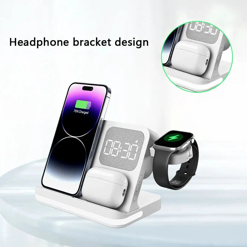 Four in one desktop clock wireless charger that can charge phones, headphones, and watches simultaneously by All Mart Bristol Ltd