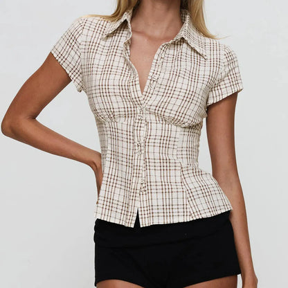 hirigin Women's Y2K Short Sleeve Plaid Button Down Shirt Button Down Blouses Tops Casual Summer Shirt Tops 90s Streetwear by All Mart Bristol Ltd
