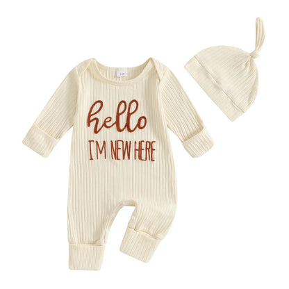 Newborn Baby Boy Fall Clothes Set Casual Letter Embroidery Long Sleeve Ribbed Romper Jumpsuit and Hat 2Pieces Set for Infants by All Mart Bristol Ltd
