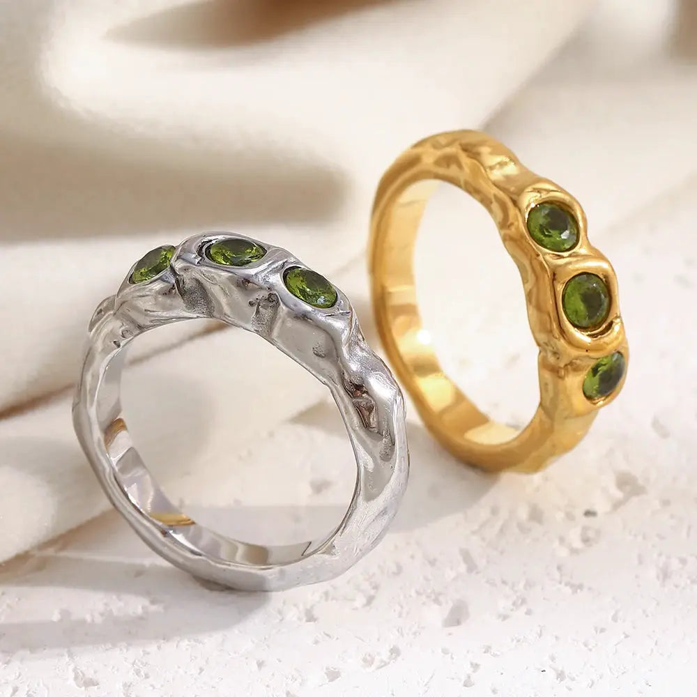 La. Muses Three Green Zircon Stainless Steel Women's Ring PVD Gold Plated Trendy Daily Jewelry Accessories Gift by All Mart Bristol Ltd