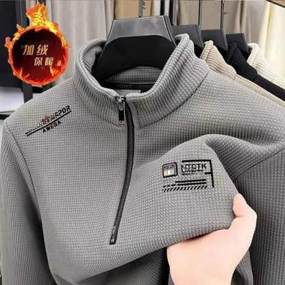 Men's Fleece Liner Sweatshirts Vintage Half Zipper Print Plaid Texture Thick Wool Warm Pullover Luxury Turtleneck Sweatshirts by All Mart Bristol Ltd