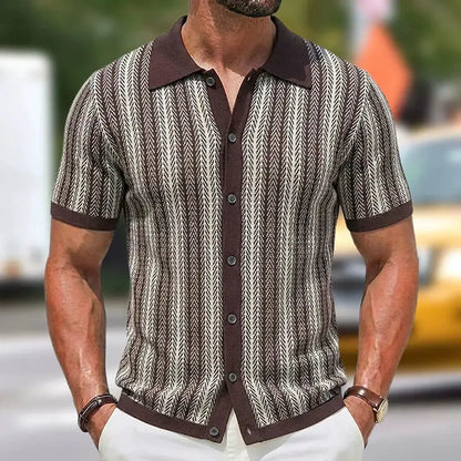 Summer Men Knitted Cardigan Short Sleeve Striped Shirts Fashion Jacquarded Blouse American Retro Premium Quality Knitwear M-3XL by All Mart Bristol Ltd