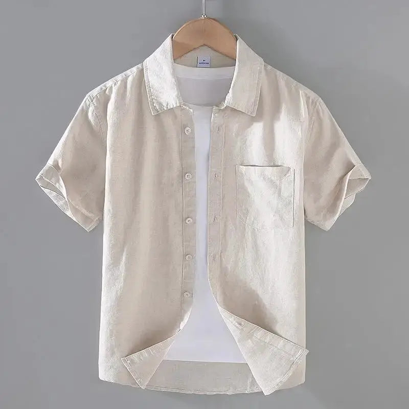 Men's Cotton Linen Short-Sleeved Shirt Summer Streetwear Plain Color Stand Collar Casual Beach Style plus Size M-3XL by All Mart Bristol Ltd