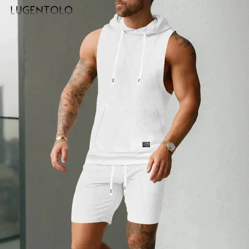 Men Casual 2 Piece Set Fashion Jacquard Knitted T-shirt Hooded Sleeveless Vest Elastic Waist Shorts Jogging Fitness Apparel by All Mart Bristol Ltd