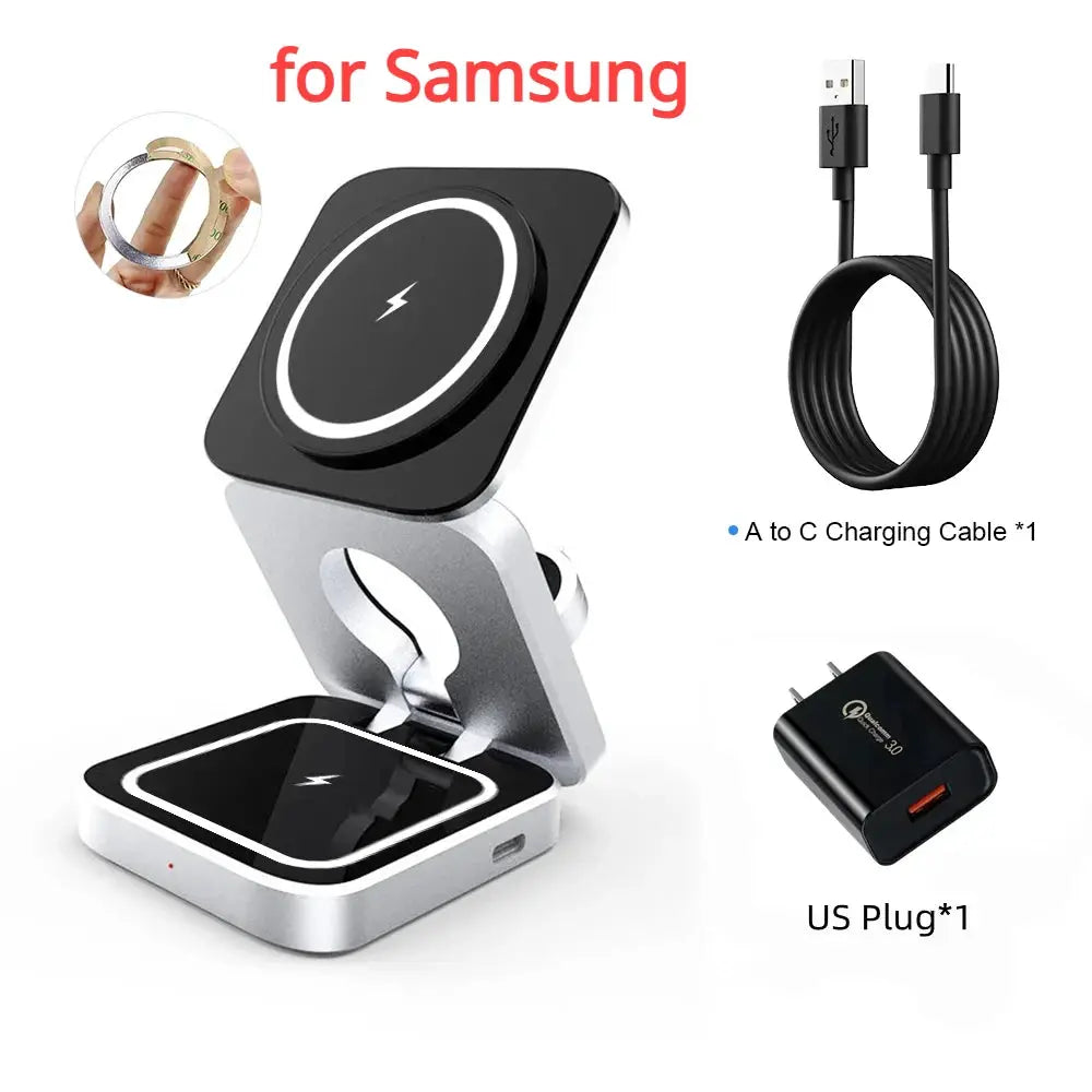 Travel 3 in 1 Magnetic Wireless Charger Foldable Stand Dock for IPhone 15, 14, AirPods,iwatch for Apple / for Samsung Galaxy S23 by All Mart Bristol Ltd