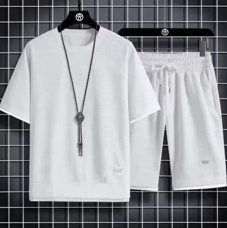2026 new Summer Men's Waffle Sets Casual T-Shirt And Shorts Set Male Sports Suit Solid Color Tracksuit Loose Suits by All Mart Bristol Ltd
