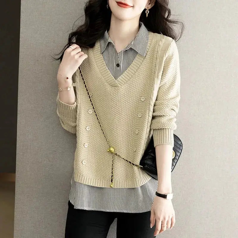 2026 New Autumn Women Sweater Pullover Splice Shirt Collar Long Sleeve Fake Two Pieces Knit Sweater Female Tops Bottoming Shirt by All Mart Bristol Ltd