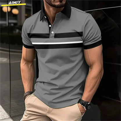 New Male Golf Stripe Polo Men's Casual Short-Sleeved Polo Shirt Solid Color Lapel Fashion Business Sports Breathable T-Shirt Top by All Mart Bristol Ltd